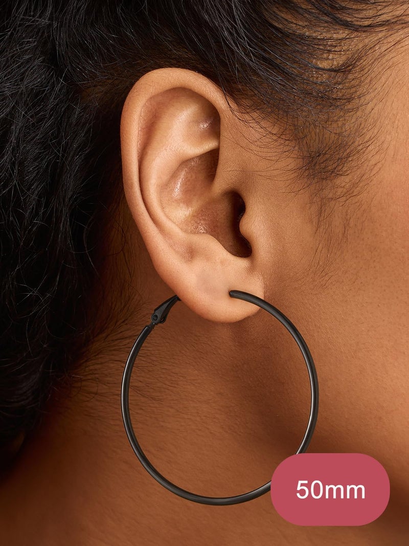 FOCALOOK 50mm Large Black Hoops, Hypoallergenic 2mm Thin Lightweight Black Earrings for Women - Image 2